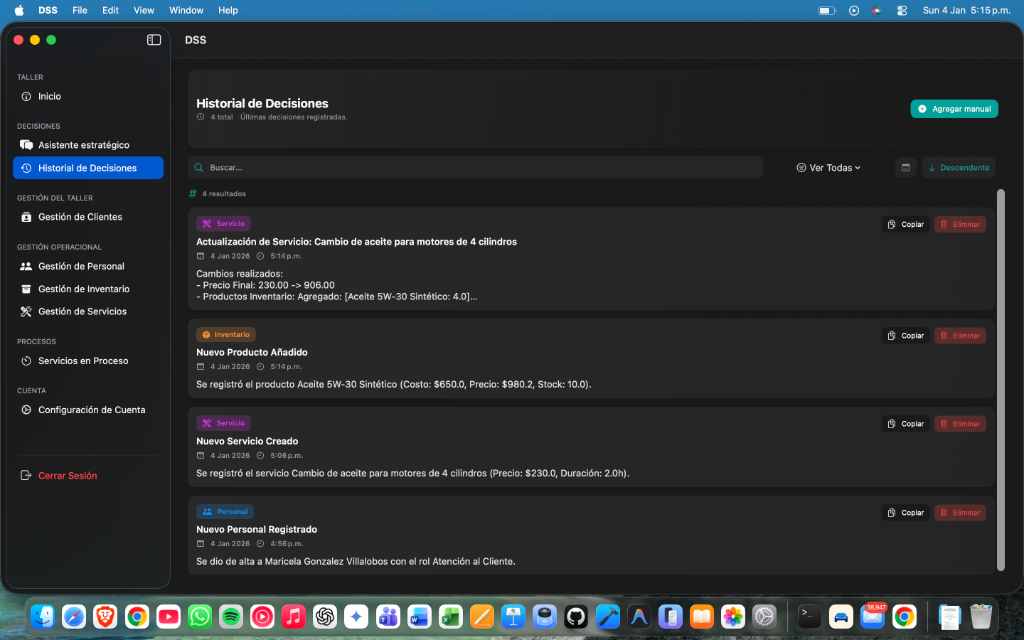 Historial de Decisiones DSS